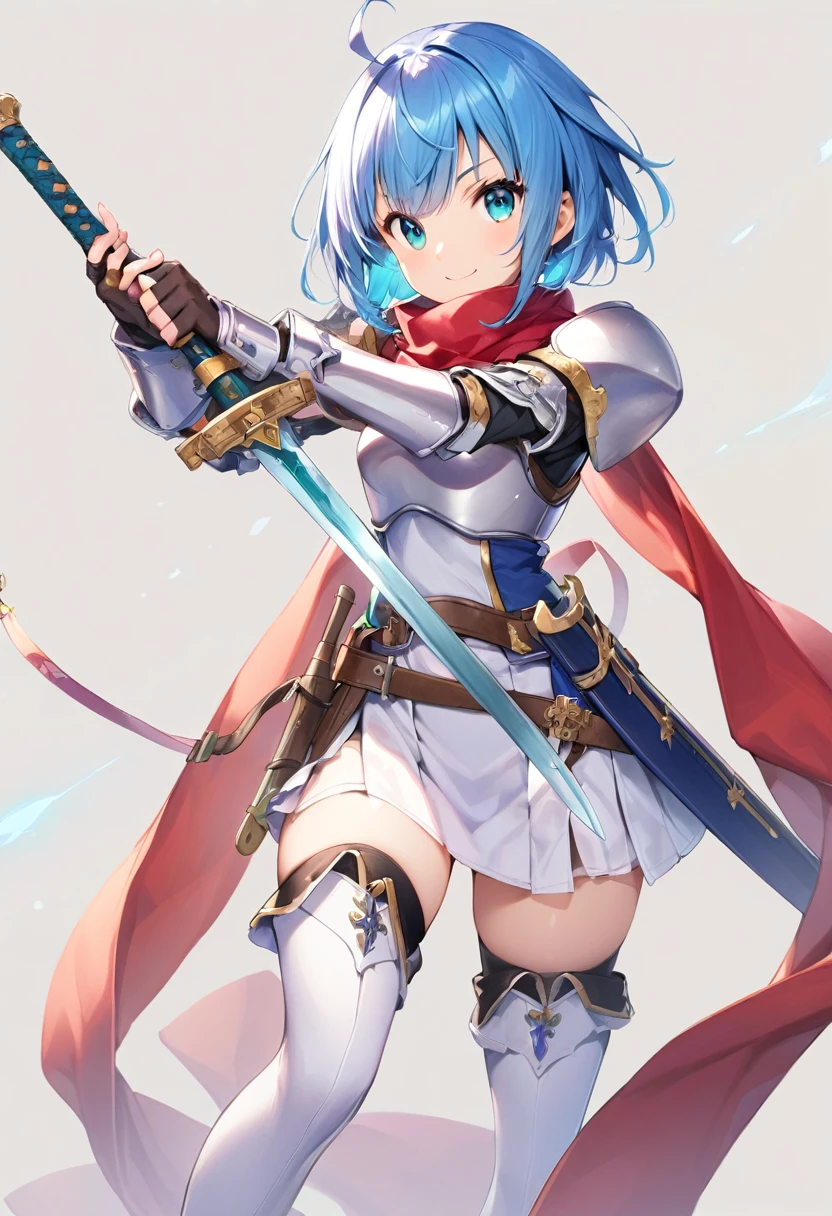 (masutepiece, Best Quality), 1girl, solo, weapon, blue-hair, sword, thighhighs, armor, scarf, short-hair, blue-eyes, boots, thigh-boots, full-body, skirt, ahoge, zettai-ryouiki, simple-background, gloves, holding, sheath, shoulder-armor, looking-at-viewer, pauldrons, standing, breastplate, aqua-eyes, red-scarf , belt, fingerless-gloves, smile, white-thighhighs, holding-weapon, white-footwear