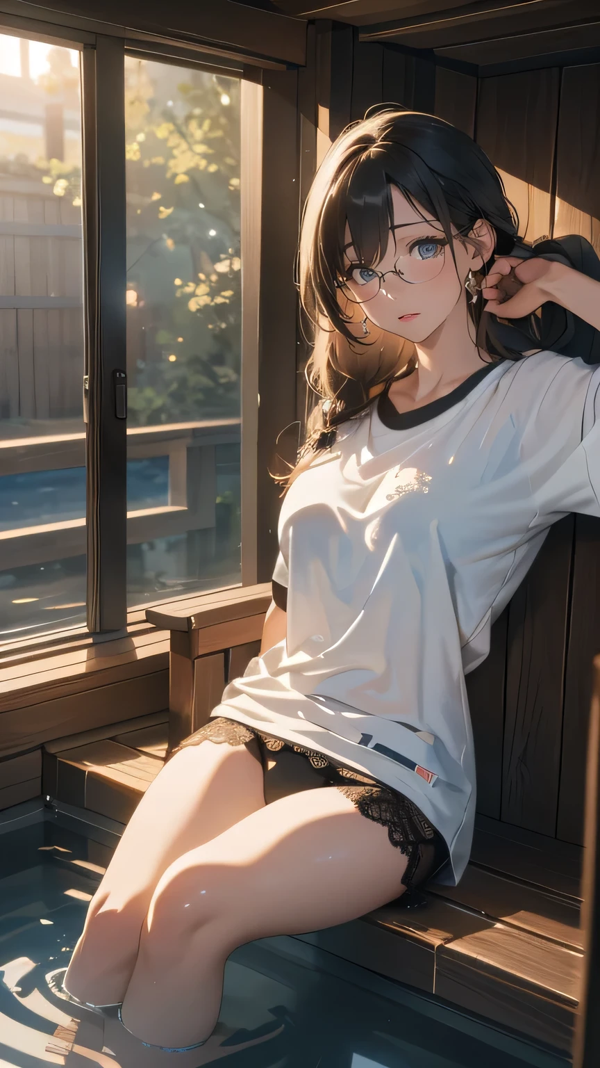 SAUNA,sitting,spread legs,(Random Pose),(floating in water),(soaked),(clothed:1.5),baggy t-shirt,lace swimsuit,(Thin type),(large breasts),(random hairstyle),(Highest image quality, (8K), Ultra-realistic, Best Quality, High quality, High Definition, high quality texture, high detailing, Beautiful detailed, fine detailed, extremely details CG, Detailed texture, realistic representation of face, masterpiece, presence),(wearing glasses:1.1)