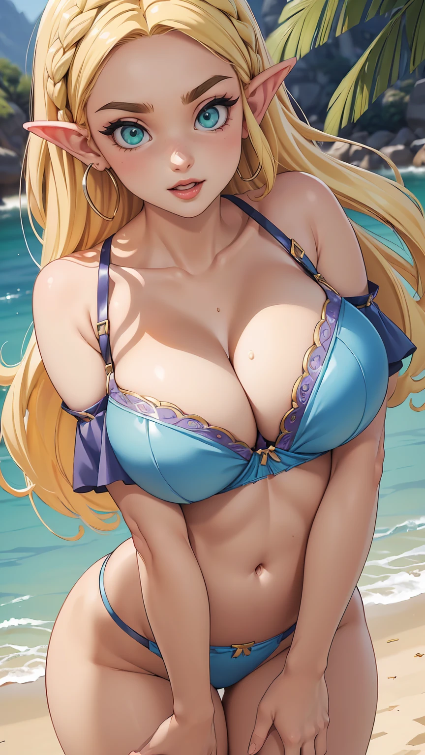 ((high detailed, best quality, 4k, masterpiece, hd:1.3)), ((best quality)), (((HD))), (((8k))), (ultraDH), (ultra HD), green eyes, BREAK green eyes, seductive, attractive, smooth anime cg art, 36C breasts, long legs, vivid colors, slim body, perfect skin, blonde hair, long hair, light hair, blonde hair, cleavage, 36C cleavage, looking at viewer, BREAK looking at viewer, extremely detailed face, earrings, gem, blue eyeshadows, dark lips, very dark lips, light makeup, (breast focus), (arms outstreched:1.2), (from above:1.1), (breasts out:1.3), (off shoulder:1.1), (((blue bra with straps))), (((gigantic breasts))), (((green eyes)))