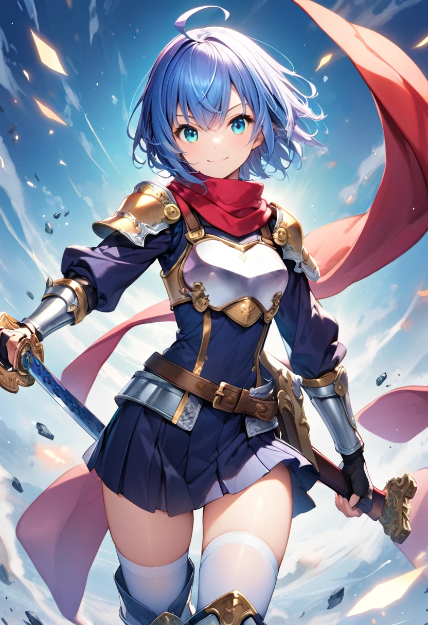 (masutepiece, Best Quality), 1girl, solo, weapon, blue-hair, sword, thighhighs, armor, scarf, short-hair, blue-eyes, boots, thigh-boots, full-body, skirt, ahoge, zettai-ryouiki, simple-background, gloves, holding, sheath, shoulder-armor, looking-at-viewer, pauldrons, standing, breastplate, aqua-eyes, red-scarf , belt, fingerless-gloves, smile, white-thighhighs, holding-weapon, white-footwear, medium-breasts