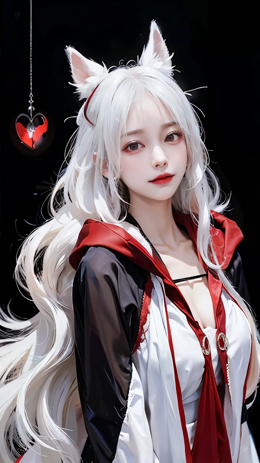 Long white hair - Red eyes - Black hair accessory - Hoodie - Elegant - Mysterious - Less revealing - Modest - Unique - Smiling - Attractive - Presence