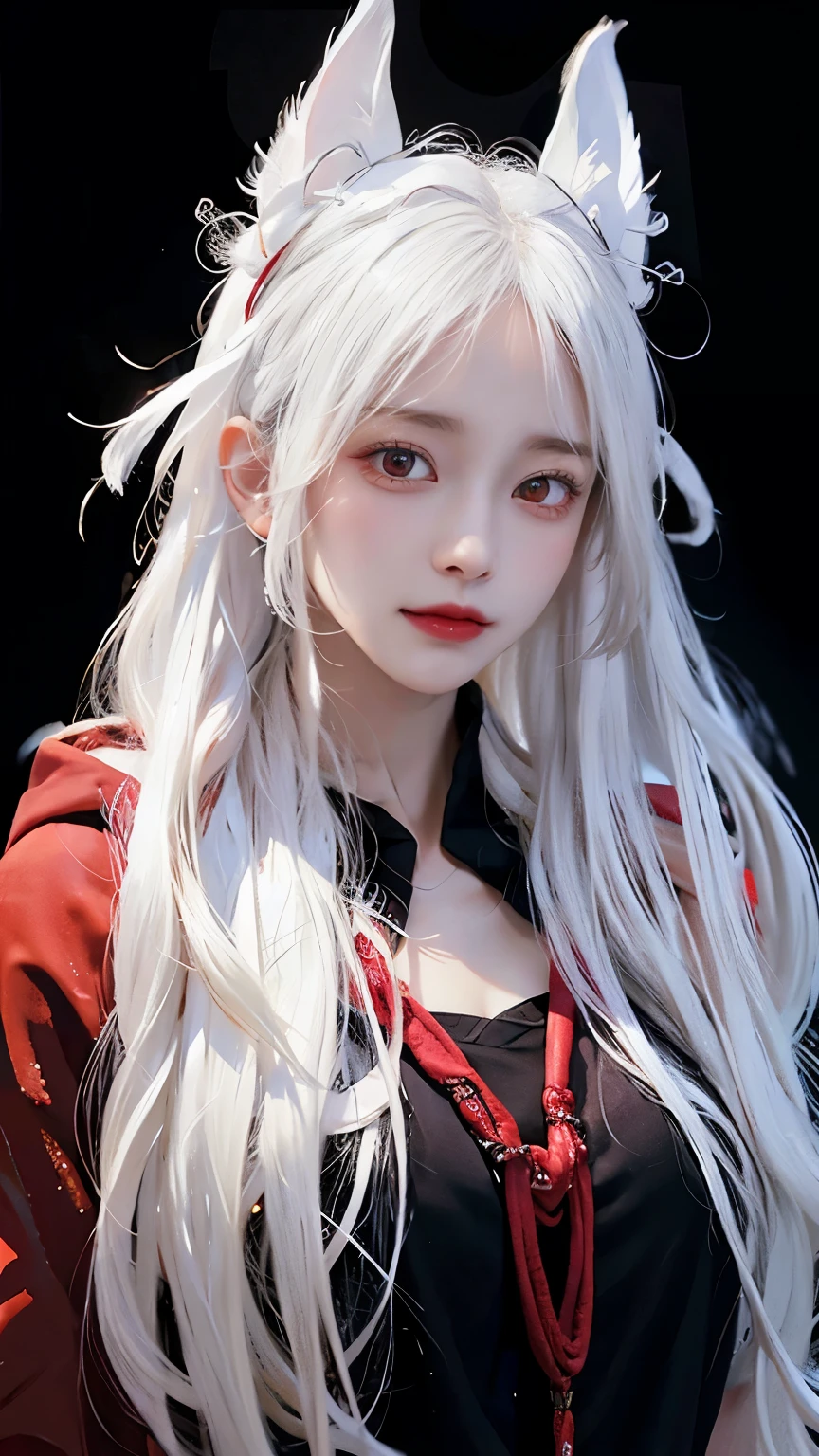Long white hair - Red eyes - Black hair accessory - Hoodie - Elegant - Mysterious - Less revealing - Modest - Unique - Smiling - Attractive - Presence