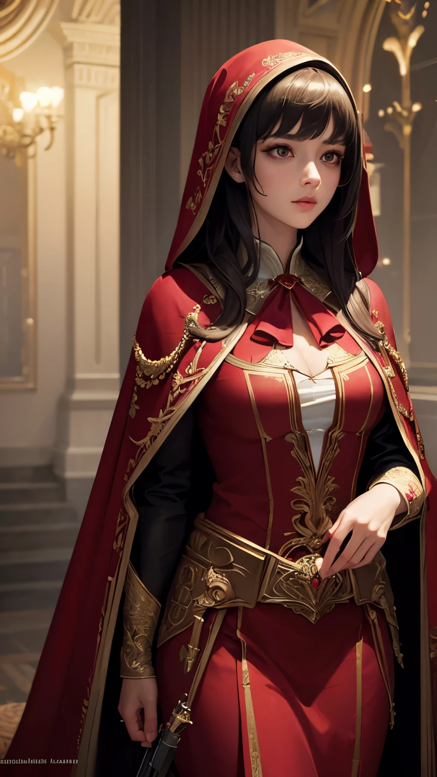((masterpiece))), ((highest quality))), ((Super detailed)), (Surreal), (Highly detailed CG illustrations), Cinematic Light, Realistic, Very beautiful young woman,sexy, light makeup, Exquisite Details EABA, Red Cape, gun