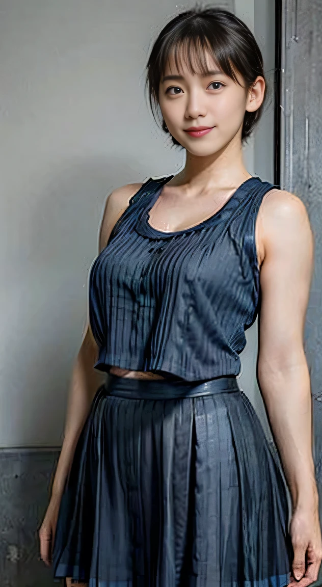 (20-year-old princess,is standing), (A hyper-realistic), (masutepiece), ((short-hair:1.46)), (Smooth black hair), (Breast:1.0), (kindly smile:0.9), (wearing tanktop, dark blue pleated skirt :1.46), cleavage,, , bright noon , school classroom, , Orange Lipstick, arms at sides,
