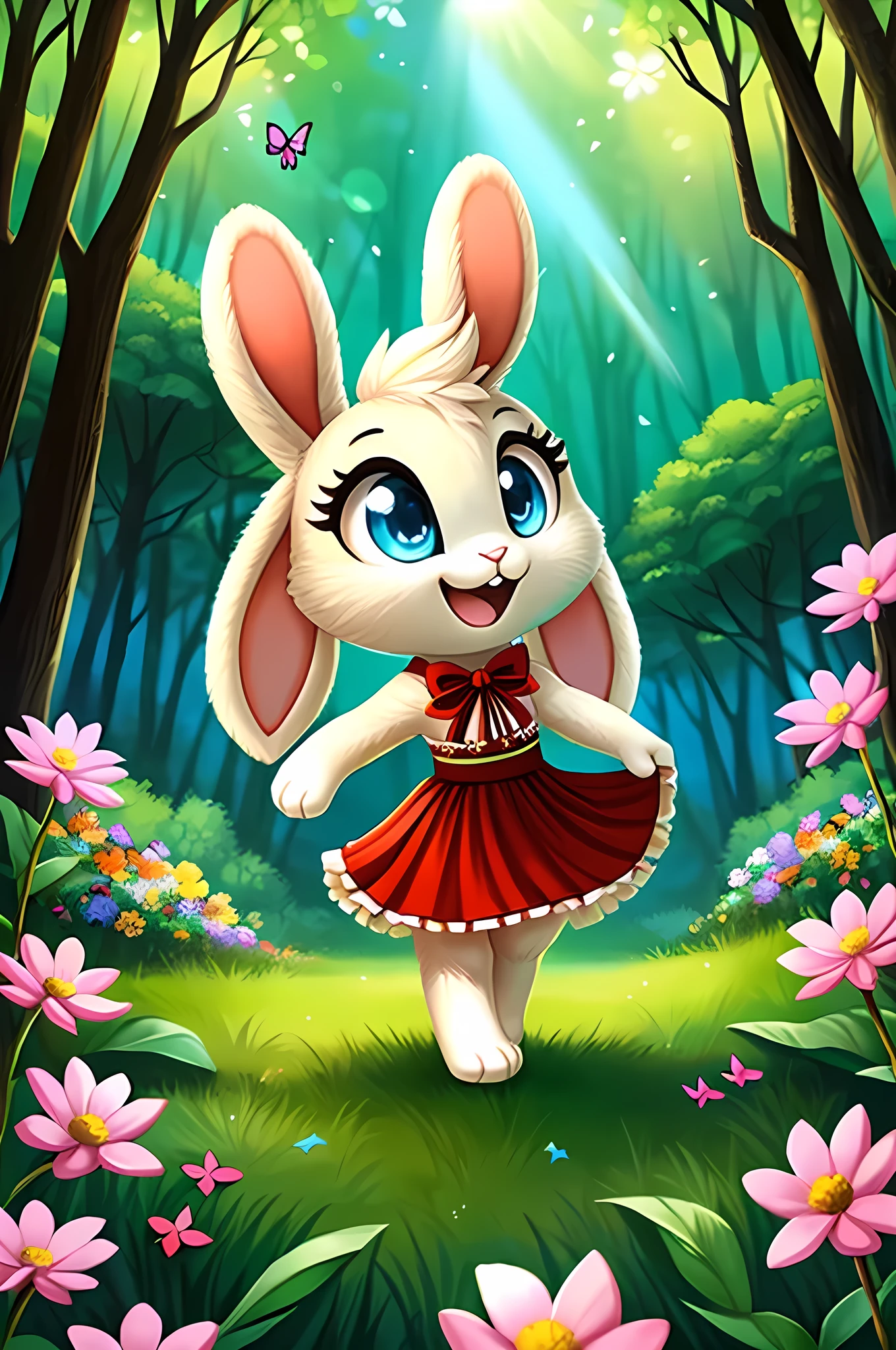 zoomed out image, ((solo character)), cute style art, fantasy style art, cute, adorable, short character, small, tiny little fluffy female white bunny with blue eyes, 4 ears, 2 extra ears, big floppy ears, long ears, ears perked up, raised ears, long eyelashes, poofy rabbit tail, wearing a red frilly ribbon dress, smiling, standing in a thick green forest, realistic forest, soft tones, big expressive smile, open mouth, wide eyes, excited eyes, excited face, looking at the scenery, looking at the trees in wonder, exploring happily, stunning visuals, sunlight coming through the trees, flowers scattered in the bushes, butterflies in the air, digital illustration