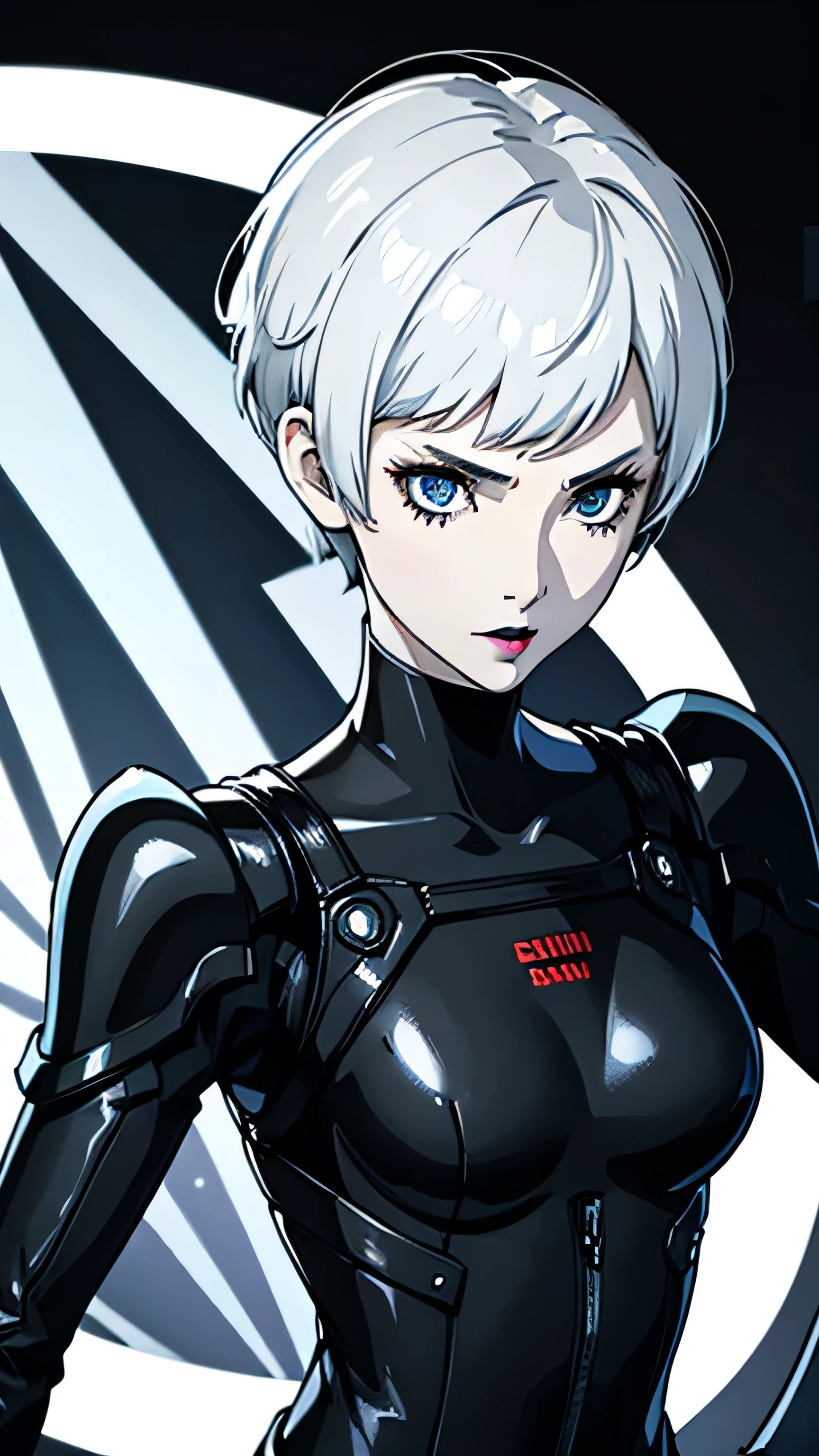 1girl, serious face, lipstick, very Short hair, white hair, blue eyes, half body, battle pose, Pixie hair cut, Black battle suit, black choker, Black lipstick