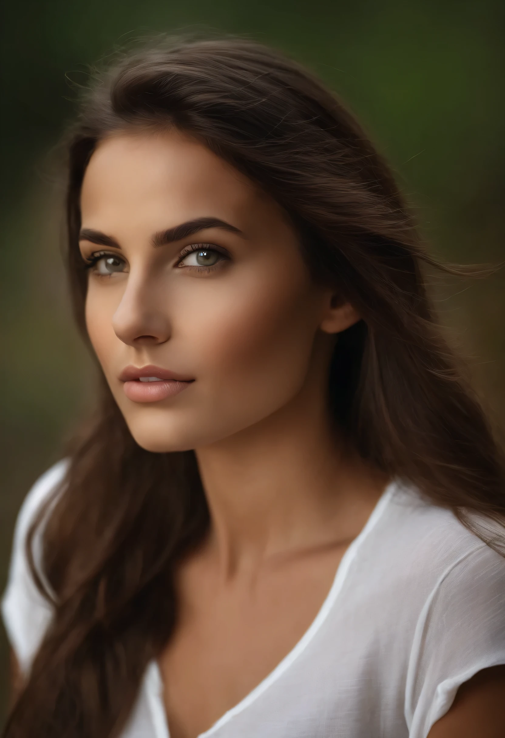 sexy girl with dark brown eyes, cheveux long marron, naturel, sans maquillage, femme jeune et mignon
