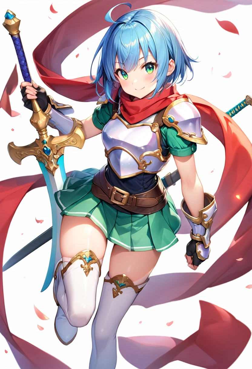 (masutepiece, Best Quality), 1girl, solo, weapon, blue-hair, sword, thighhighs, armor, scarf, short-hair, blue-eyes, boots, thigh-boots, full-body, skirt, ahoge, zettai-ryouiki, simple-background, gloves, holding, sheath, shoulder-armor, looking-at-viewer, pauldrons, standing, breastplate, aqua-eyes, red-scarf , belt, fingerless-gloves, smile, white-thighhighs, holding-weapon, white-footwear, medium-breasts, green-skirt, blush, holding-sword, scabbard, gauntlets, pleated-skirt, green-eyes, elbow-gloves