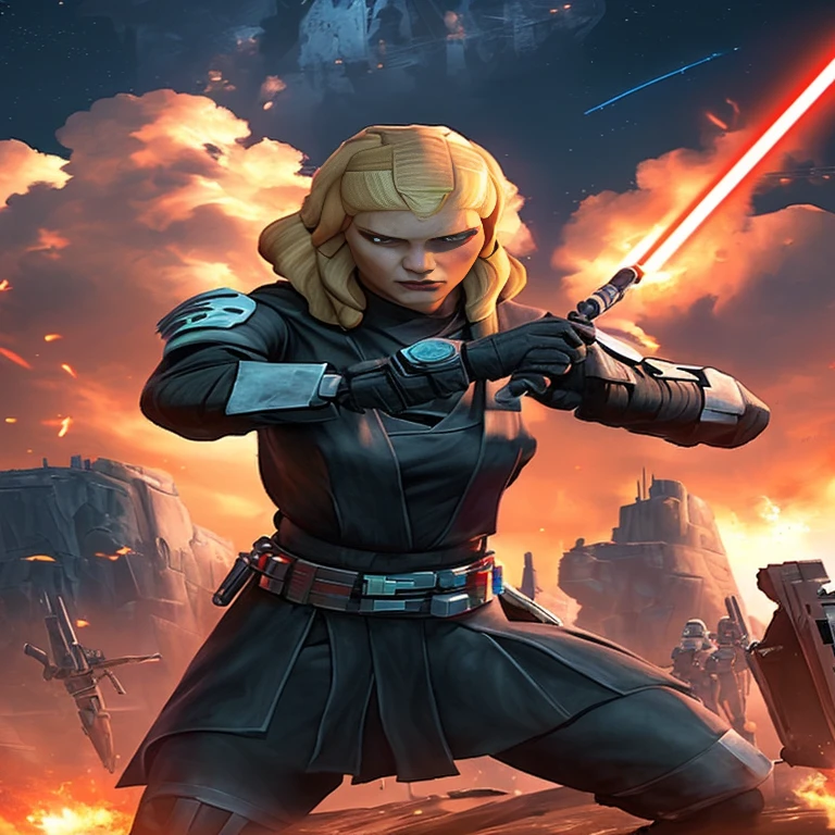 a girl in a black outfit holding a light saber, holding a lightsabre. splash art, blonde female jedi, wearing black sith uniform, jaina solo, mcquarrie, sith, an imperial agent from star wars, epic full color illustration, inspired by Ralph McQuarrie, with lightsaber sword, mara jade skywalker, from star wars legends, teen girl, thighs, sith empire logo