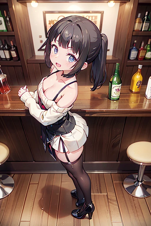 (from above:1.2),(from side:0.9), ((Face)), (Close-Up:0.4), masterpiece,"A 22-year-old girl stands at a bar counter. She is dressed in a stylish off-shoulder dress, sweater dress, off-shoulder sweater, white sweater,garter stocking, black skirts, white thighhighs, thigh strap, pretty girl, (highly detailed beautiful face and eyes,firm breasts),real skin,((black,hair,long pony tail hair)),thin pubic hair,cute and lovely pose, detailed eyes, This masterpiece is only visually stunning but also tells,(double breasted:0.6,under bust:0.6,cleavage:1.1,),(small breasts:1.2),(perky chest:1.1), (pointed chest:1.3), medium hips, glamorous body,(with sparkling eyes and a contagious smile),open mouth,The bar is beautiful, with colorful bottles of alcohol in the background and a soft glow from neon lights. The atmosphere is relaxed, and the girl looks confident and fashionable.",full body, sexy pose,make a cocktail , in a bar counter, Looking at Viewer,