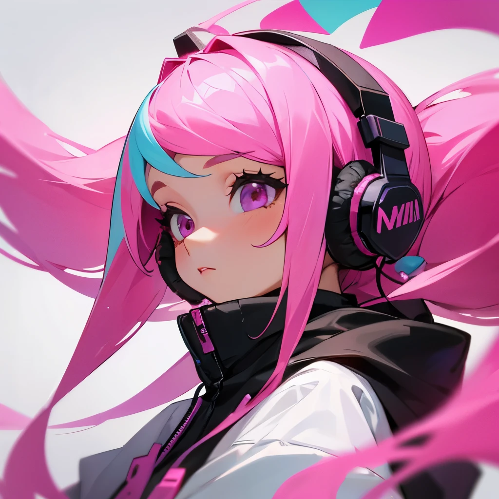 Create a girl with pink hair with multicolored locks and headphones with ears. 