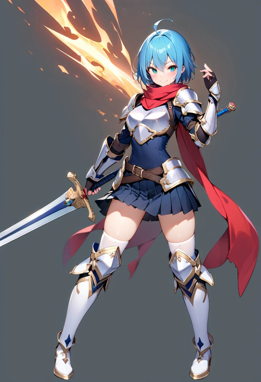 (masutepiece, Best Quality), 1girl, solo, weapon, blue-hair, sword, thighhighs, armor, scarf, short-hair, blue-eyes, boots, thigh-boots, full-body, skirt, ahoge, zettai-ryouiki, simple-background, gloves, holding, sheath, shoulder-armor, looking-at-viewer, pauldrons, standing, breastplate, aqua-eyes, red-scarf , belt, fingerless-gloves, smile, white-thighhighs, holding-weapon, white-footwear, medium-breasts, blush, holding-sword, scabbard, gauntlets, pleated-skirt, green-eyes, elbow-gloves
