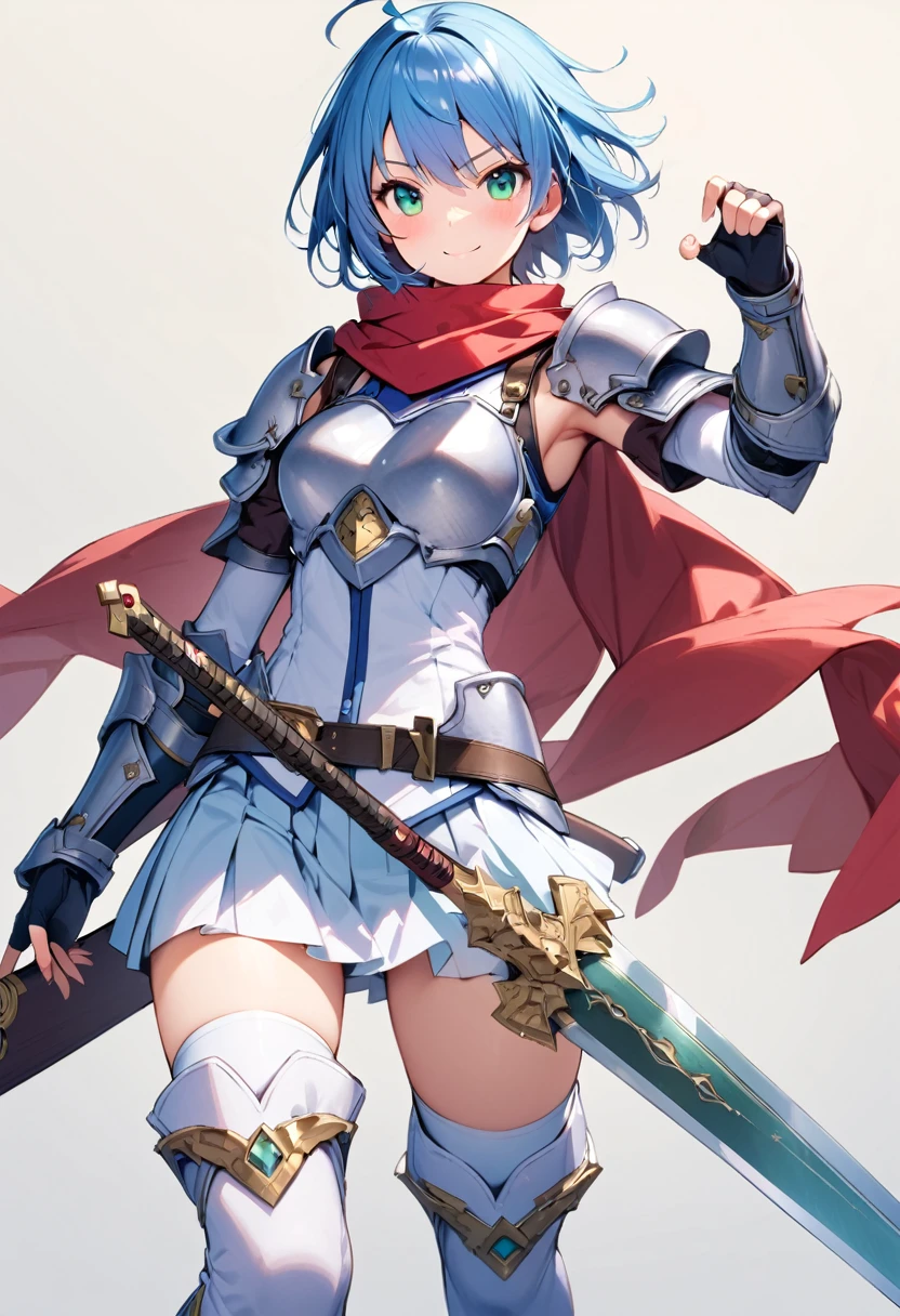 (masutepiece, Best Quality), 1girl, solo, weapon, blue-hair, sword, thighhighs, armor, scarf, short-hair, blue-eyes, boots, thigh-boots, full-body, skirt, ahoge, zettai-ryouiki, simple-background, gloves, holding, sheath, shoulder-armor, looking-at-viewer, pauldrons, standing, breastplate, aqua-eyes, red-scarf , belt, fingerless-gloves, smile, white-thighhighs, holding-weapon, white-footwear, medium-breasts, blush, holding-sword, scabbard, gauntlets, pleated-skirt, green-eyes, elbow-gloves