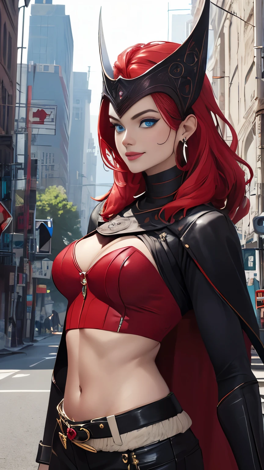 (Highly quality, masterpiece, detailed), Destroyed city detailed scenario, Destroyed city detailed background, 20 years old girl, solo, scarletWitch, blue eyes, red hair, Leather top, belt, jewelry, helmet, earrings, cape, evil smile, covered top, crop top, navel, perfect face, beautiful eyes, perfect eyes, looking at the viewer, Sexy pose