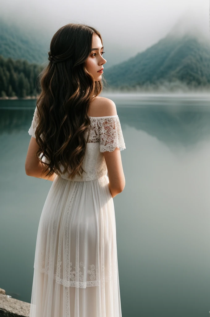JessicaA_SoloTI_v1, a beautiful woman, perfect hair, (modern photo, Flowing maxi dress in muted tones, delicate lace details, minimalistic jewelry:1.1), closeup portrait, 85mm, (analog, cinematic, film grain, hazy atmosphere:1.3), (( Tranquil lakeside backdrop, misty mountains, soft sunlight casting a melancholic ambiance:1.2)), detailed eyes, (seductive), (cinematic shot:1.3),