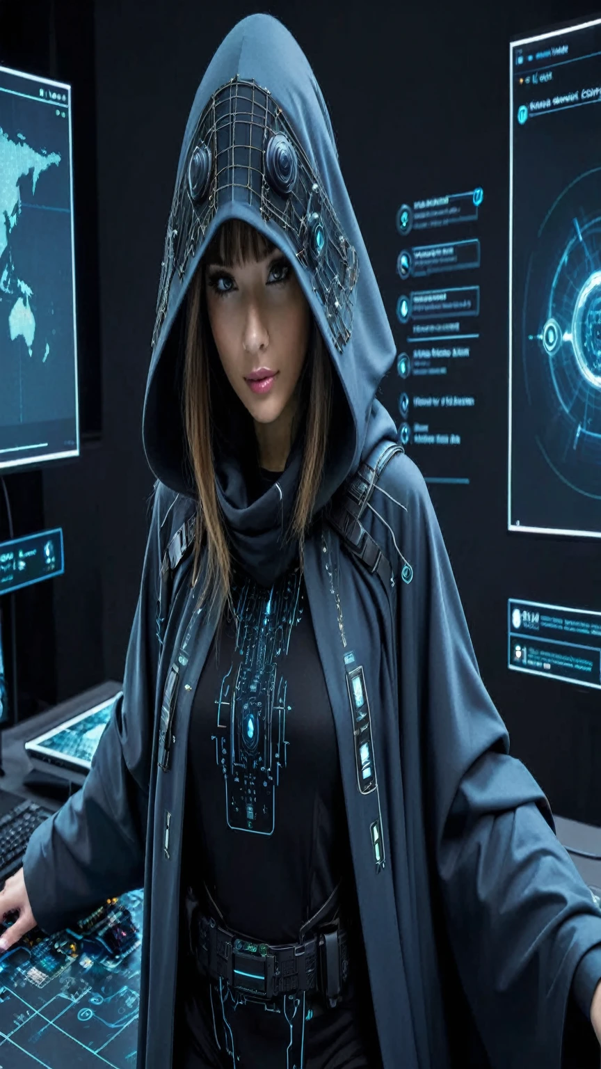 estrategista de tecnologia sexy: Envolto em tecido nano-weave, adorned with tactical cyberware, cercado por interfaces de realidade aumentada.