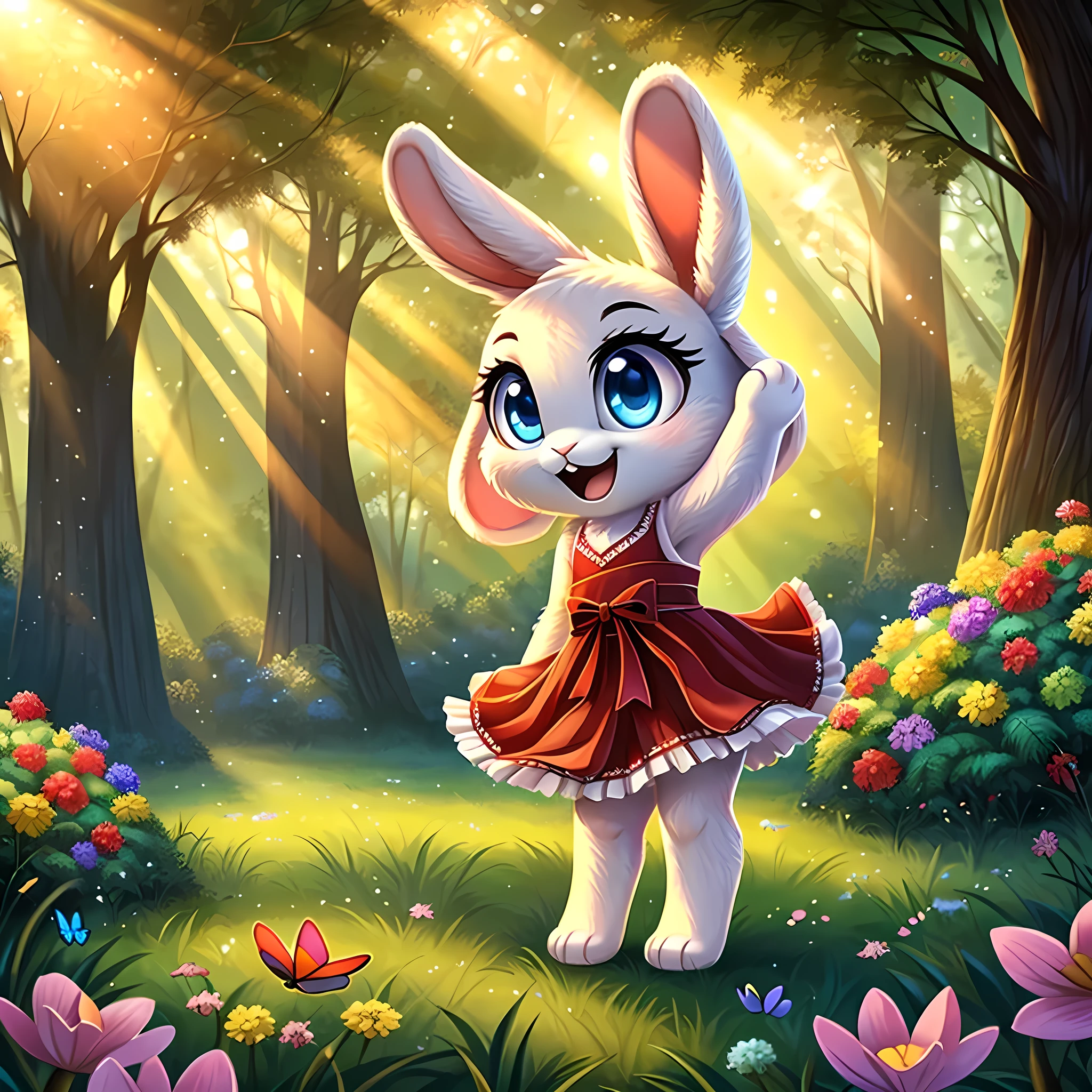 zoomed out image, ((solo character)), cute style art, fantasy style art, cute, adorable, short character, small, tiny little fluffy female white bunny with blue eyes, 4 ears, 2 extra ears, big floppy ears, long ears, ears perked up, raised ears, long eyelashes, poofy rabbit tail, wearing a red frilly ribbon dress, smiling, standing in a thick green forest, realistic forest, soft tones, big expressive smile, open mouth, wide eyes, excited eyes, excited face, looking at the scenery, looking at the trees in wonder, exploring happily, stunning visuals, sunlight coming through the trees, flowers scattered in the bushes, butterflies in the air, digital illustration