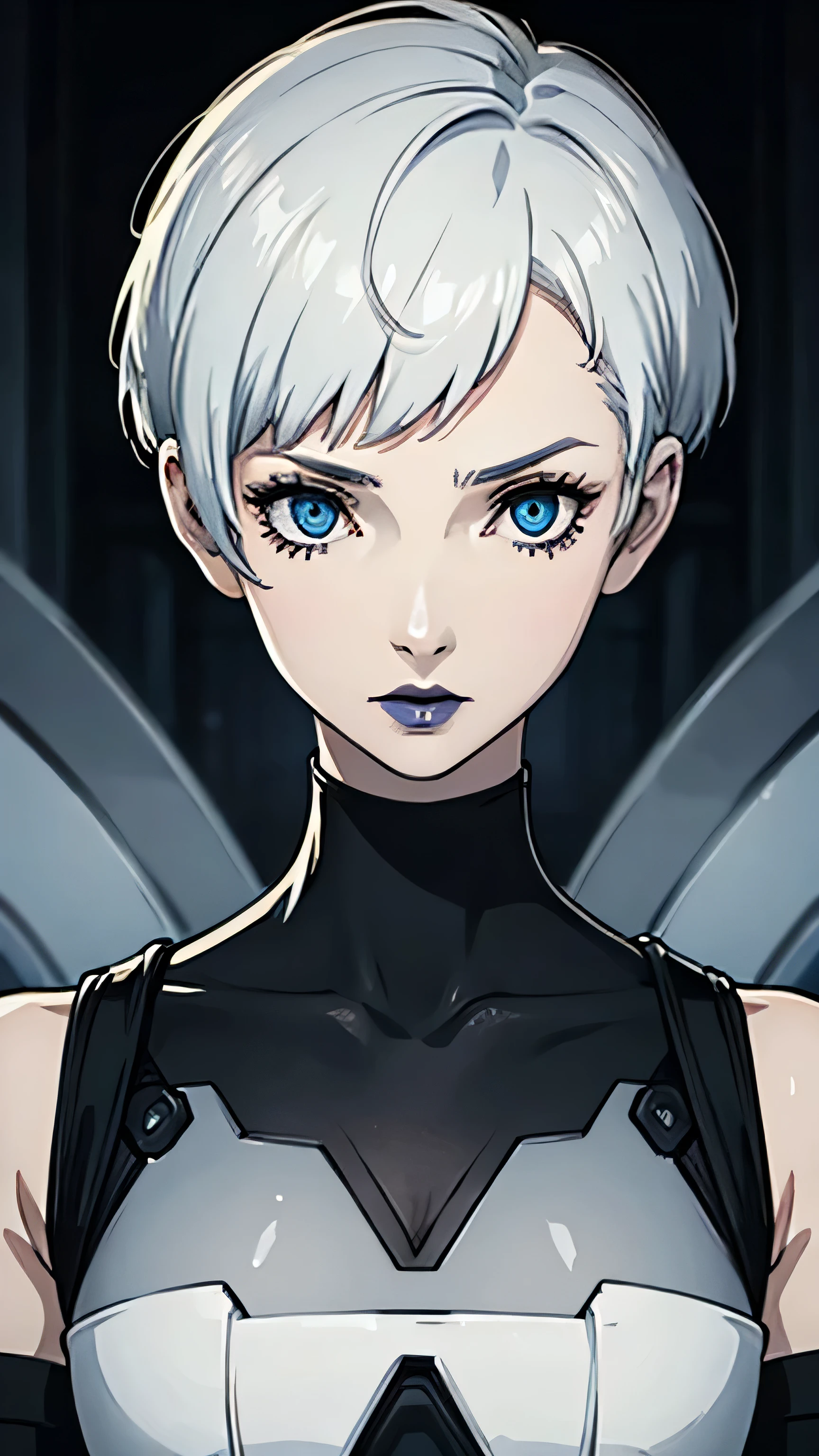 1girl, serious face, lipstick, very Short hair, white hair, blue eyes, half body, battle pose, Pixie hair cut, Black battle suit, black choker, Black lipstick 