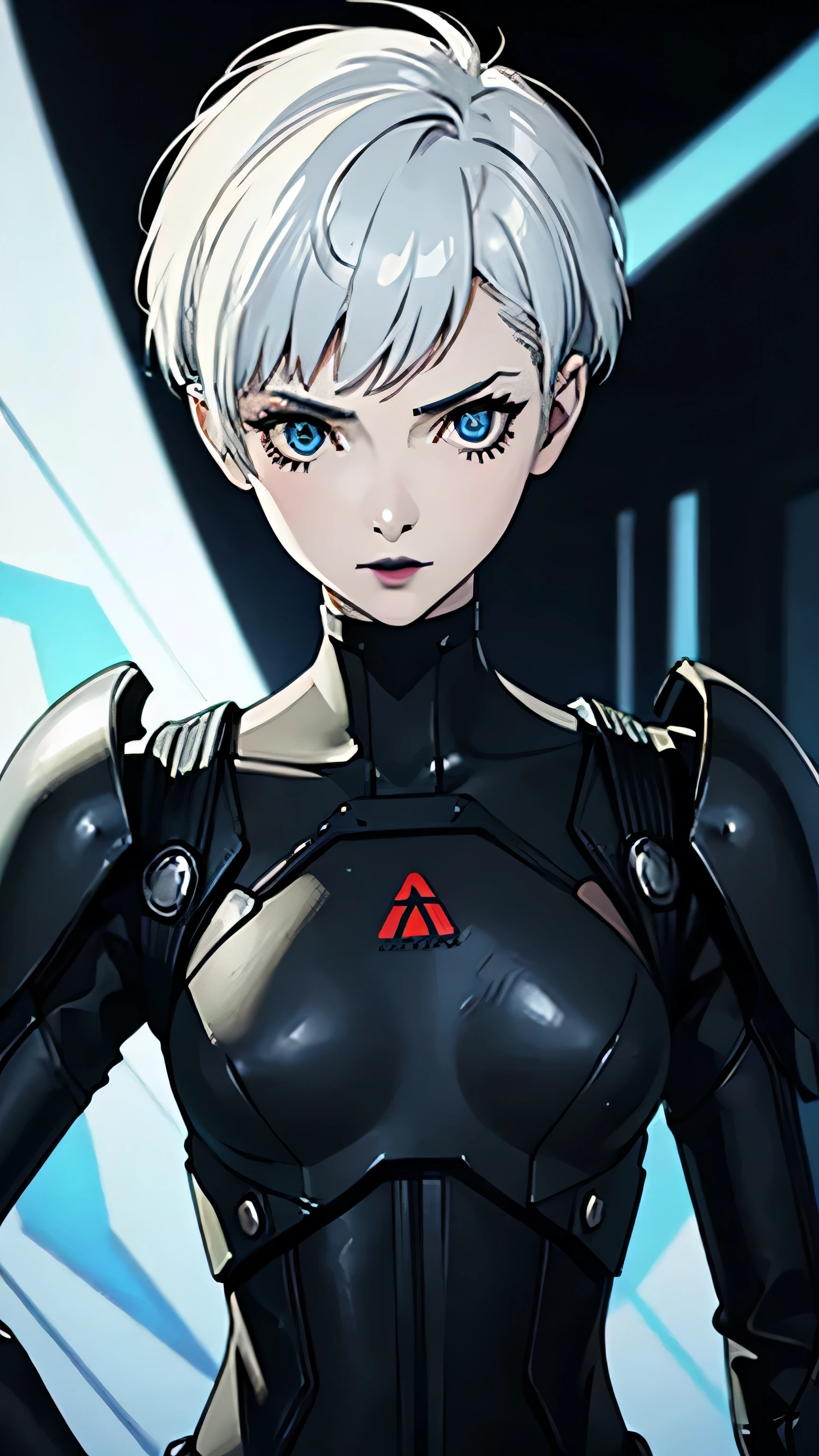 1girl, serious face, lipstick, very Short hair, white hair, blue eyes, half body, battle pose, Pixie hair cut, Black battle suit, black choker, Black lipstick 