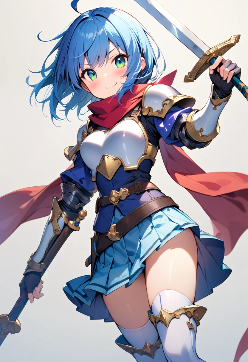 (masutepiece, Best Quality), 1girl, solo, weapon, blue-hair, sword, thighhighs, armor, scarf, short-hair, blue-eyes, boots, thigh-boots, full-body, skirt, ahoge, zettai-ryouiki, simple-background, gloves, holding, sheath, shoulder-armor, looking-at-viewer, pauldrons, standing, breastplate, aqua-eyes, red-scarf , belt, fingerless-gloves, smile, white-thighhighs, holding-weapon, white-footwear, medium-breasts, blush, holding-sword, scabbard, gauntlets, pleated-skirt, green-eyes, elbow-gloves
