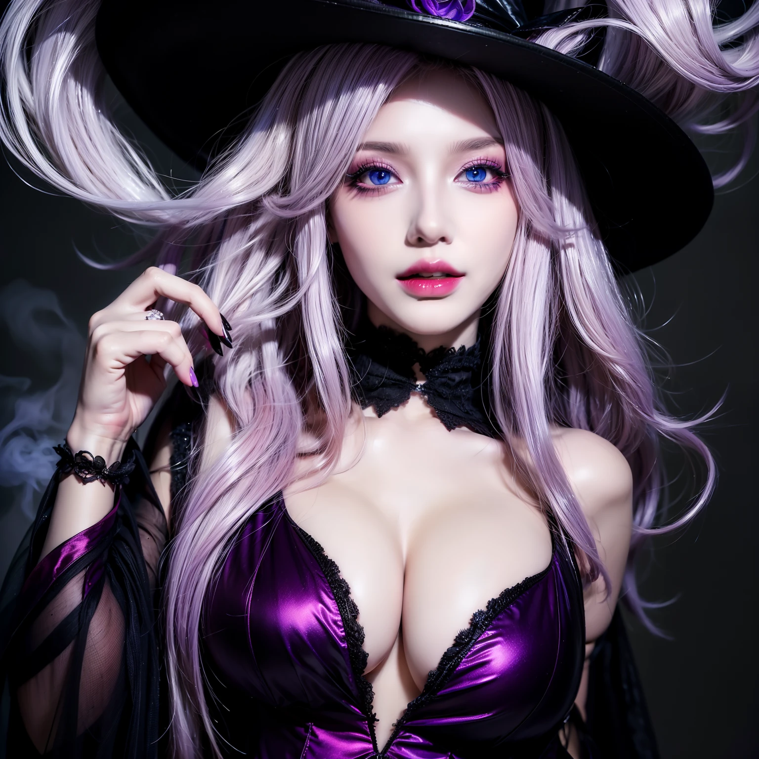 Noir painting of a beautiful young witch, Long purple hair, Rich purple lips, evil, evil female, smile, Black Prom Dress, She is coming to you, Close-up, Bright Blue Eyes, Surrounded by swirling pink smoke, Genuine, Attention to detail, highest quality