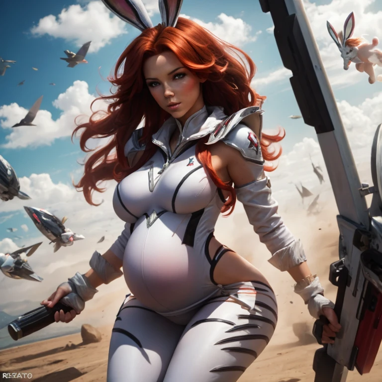 Sexy pregnant battle bunny miss Fortune, red hair, tight white combat suit, cleavage 