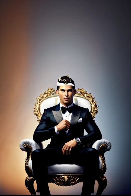 iconic face of Cristiano Ronaldo in portrait, cristiano Ronaldo posant devant la caméra montrant ses compétences. Dans ce tableau captivant, Cristiano Ronaldo apparaît comme un phare de prouesses athlétiques figées dans le temps. Cristiano Ronaldo sits like a king with a crown on his throne.