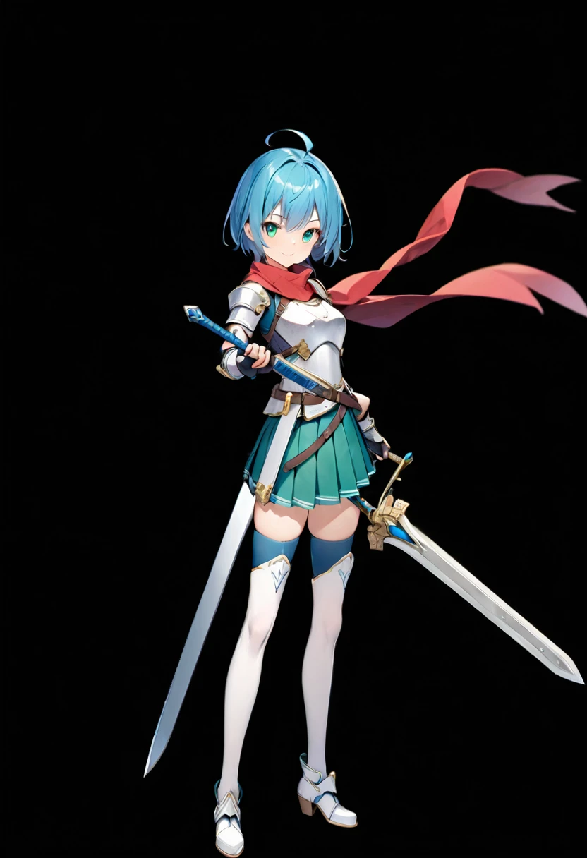 (masutepiece, Best Quality), 1girl, solo, weapon, blue-hair, sword, thighhighs, armor, scarf, short-hair, blue-eyes, boots, thigh-boots, full-body, skirt, ahoge, zettai-ryouiki, simple-background, gloves, holding, sheath, shoulder-armor, looking-at-viewer, pauldrons, standing, breastplate, aqua-eyes, red-scarf , belt, fingerless-gloves, smile, white-thighhighs, holding-weapon, white-footwear, medium-breasts, blush, holding-sword, scabbard, gauntlets, pleated-skirt, green-eyes, elbow-gloves
