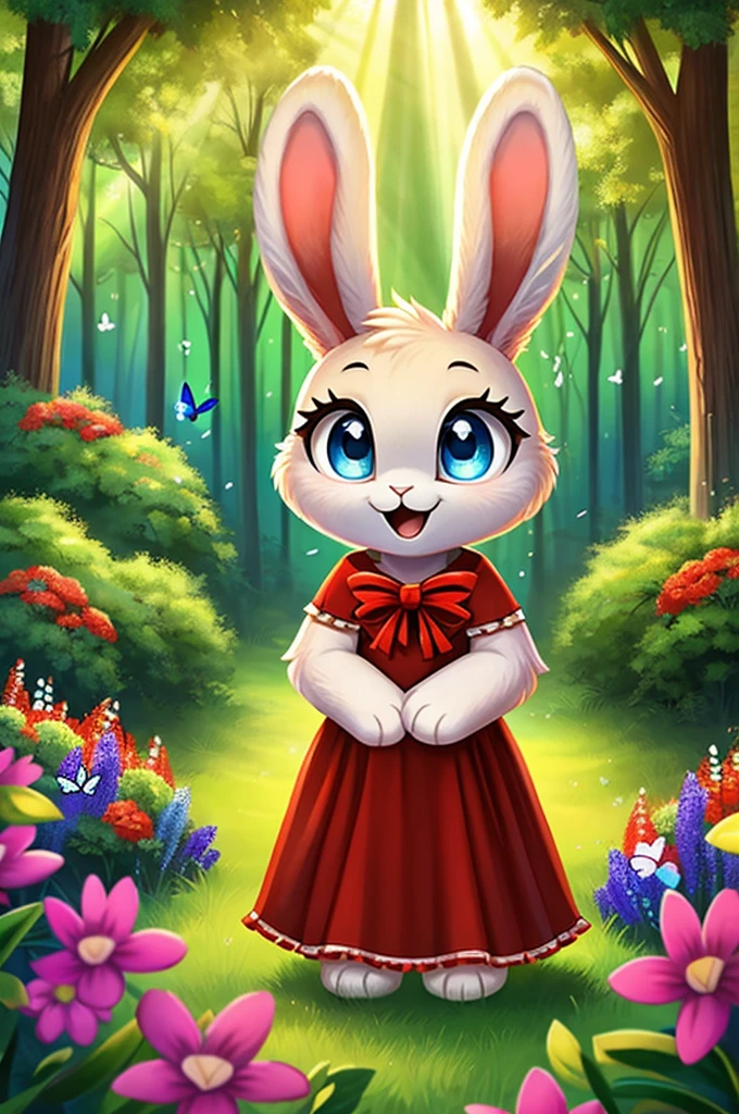 zoomed out image, ((solo character)), cute style art, fantasy style art, cute, adorable, short character, small, tiny little fluffy female white bunny with blue eyes, 4 ears, 2 extra ears, big floppy ears, long ears, ears perked up, raised ears, long eyelashes, poofy rabbit tail, wearing a red frilly ribbon dress, smiling, standing in a thick green forest, realistic forest, soft tones, big expressive smile, open mouth, wide eyes, excited eyes, excited face, looking at the scenery, looking at the trees in wonder, exploring happily, stunning visuals, sunlight coming through the trees, flowers scattered in the bushes, butterflies in the air, digital illustration
