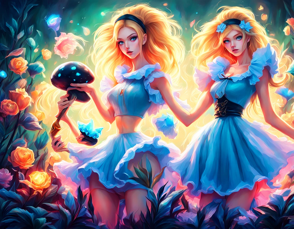 a beautiful 20 year old blonde woman with big messy hair in a blue dress, white stockings, black headband, cleavage, holding a glowing mushroom, fantasy art style, rossdraws cartoon vibrant, alice x. zhang, alice in wonderland cyberpunk, cute detailed digital art, colorfull digital fantasy art, digital fantasy art ), glossy digital painting, rossdraws pastel vibrant, rossdraws 2. 5, rossdraws 1. 0