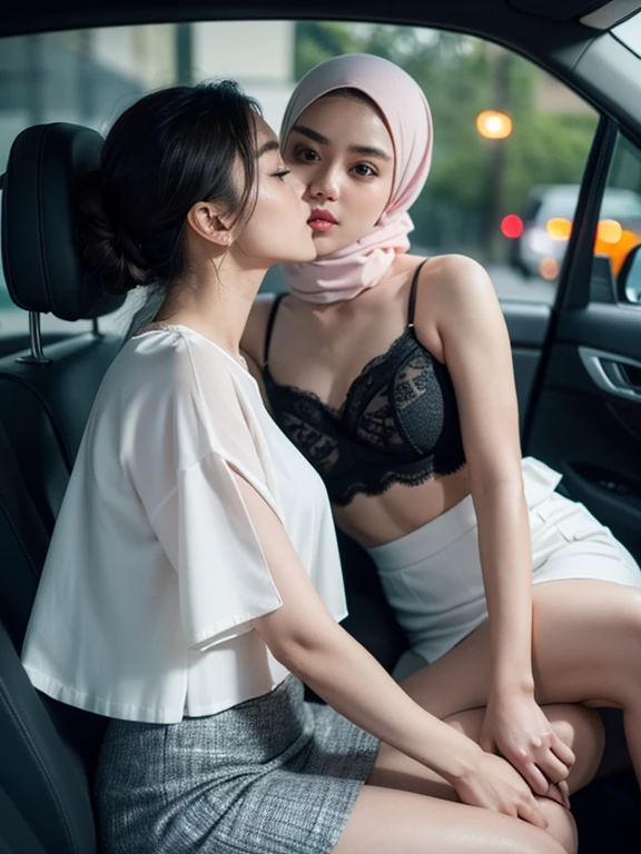 2 lesbian malay women seat and seducing in the car, kissing,wearing hijab with lace bra and platted short skirt,ling, matured, 40 years old, perfect body, matured body, sitting on lap,detail skin texture, professional lighting, bokeh, nighttime, soft lighting, blur background, portrait photography, medium shot, 35mm lense, Over-the-shoulder shot, pastel color grading, depth of field cinematography, western film style, high quality, ultra detail, 8k resolution