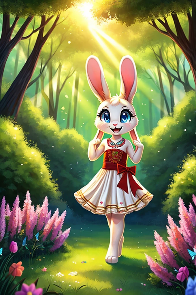 zoomed out image, ((solo character)), cute style art, fantasy style art, cute, adorable, short character, small, tiny little fluffy female white bunny with blue eyes, 4 ears, 2 extra ears, big floppy ears, long ears, ears perked up, raised ears, long eyelashes, poofy rabbit tail, wearing a red frilly ribbon dress, smiling, standing in a thick green forest, realistic forest, soft tones, big expressive smile, open mouth, wide eyes, excited eyes, excited face, looking at the scenery, looking at the trees in wonder, exploring happily, stunning visuals, sunlight coming through the trees, flowers scattered in the bushes, butterflies in the air, digital illustration