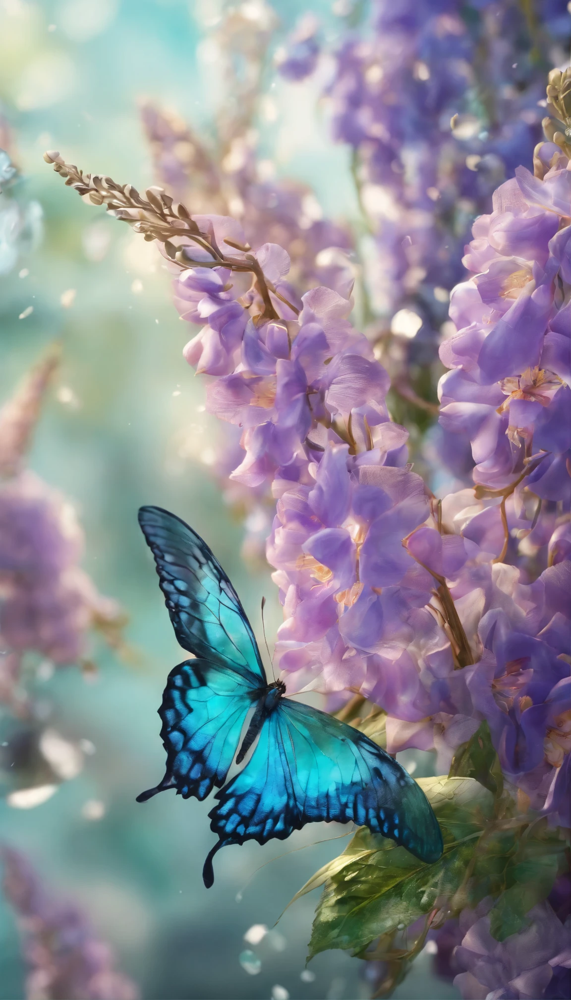 The background is greenblue,All expressed with jewels, the arrival of spring, various beautiful wisteria flowers,Swallowtail butterfly,
, angles looking up from below, various jewels falling from the sky, wonderful and beautiful superb view, slightly hazy, fantastic, high resolution, 8K, (best quality, highres, realistic:1.37), shiny metallic flowers, intricate and delicate petals, reflective surfaces, vibrant colors, intricate details, close-up view, surreal garden, surreal beauty, dreamy atmosphere, fine art, abstract botanicals, metallic sculpture, contrasting textures, ethereal glow