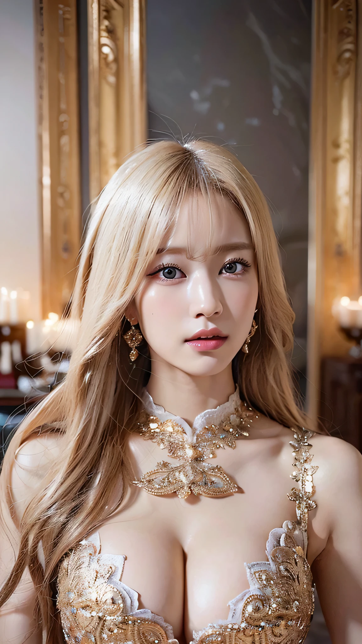 (best quality,ultra-detailed,realistic:1.37),portrait,blonde hair and blue eyes,white skin,extravagant costume with gold details and a cute expression, pose,tight clothes,breast showing,expensive jewelry,sparkling background light,hair with intricate details,delicate makeup,vivid colors,high-resolution rendering,professional lighting,sharp focus,long eyelashes,beautiful detailed eyes,beautiful detailed lips,beautiful detailed face,luxurious lifestyle,queen-like elegance,flawless complexion,dynamic composition,perfect symmetry,graceful posture,intricate patterns,rich textures,golden accents,reflective surfaces,exquisite craftsmanship,ultra-fine painting,atmospheric ambiance,impressive attention to detail,fascinating visual storytelling,attention-grabbing,gorgeous artwork
