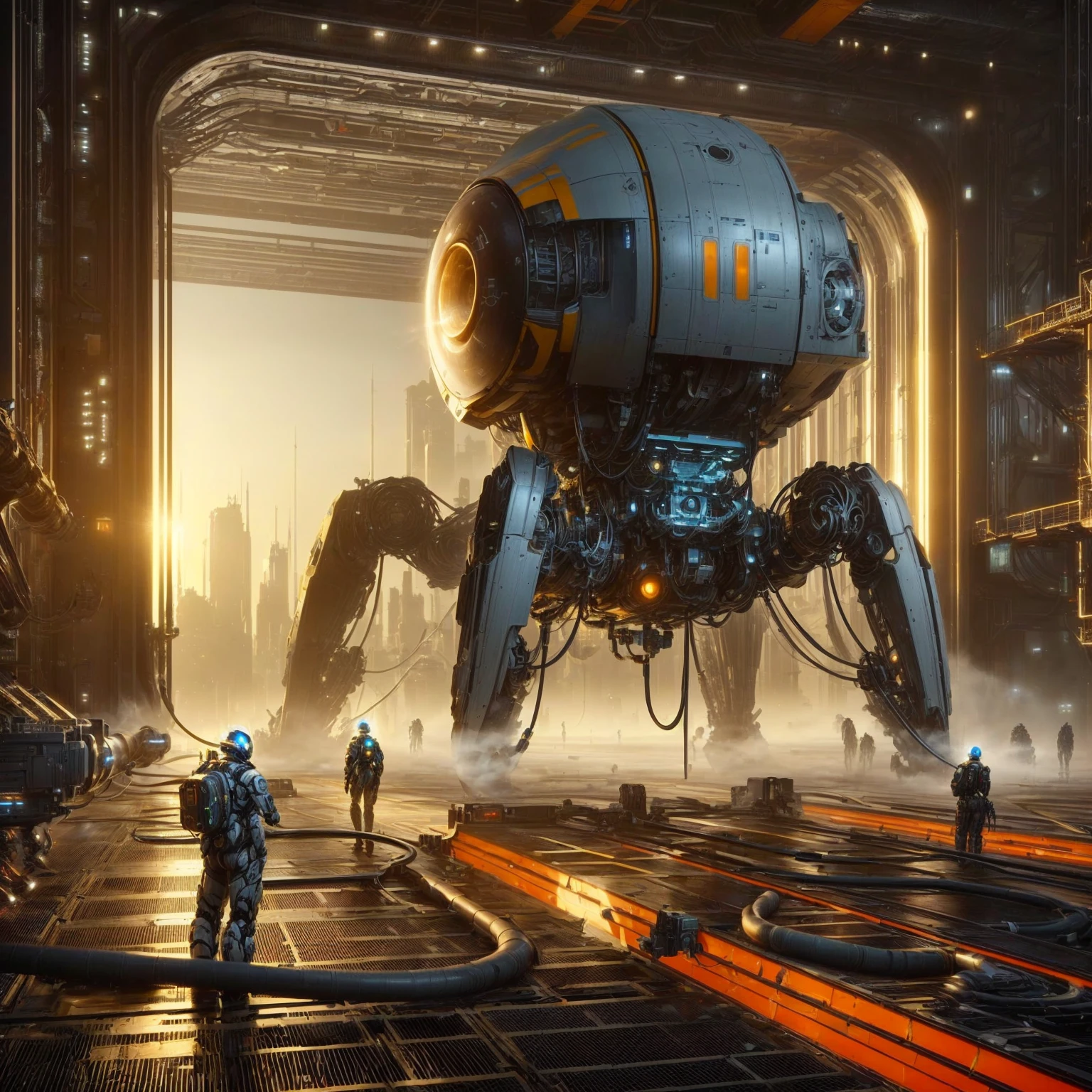 futuristische Science-Fiction-Kunst eines riesigen Roboters in einer futuristischen Raumstation, 3D-Rendering von Beeple, stunning Science-Fiction-Konzeptkunst, mystical Science-Fiction-Konzeptkunst, detaillierte Sci-Fi-Kunst, dargestellt als Science-Fiction-Szene, Greg Beeple, Science-Fiction-Konzeptkunst, Sci-Fi-Konzeptkunst, von John La Gatta