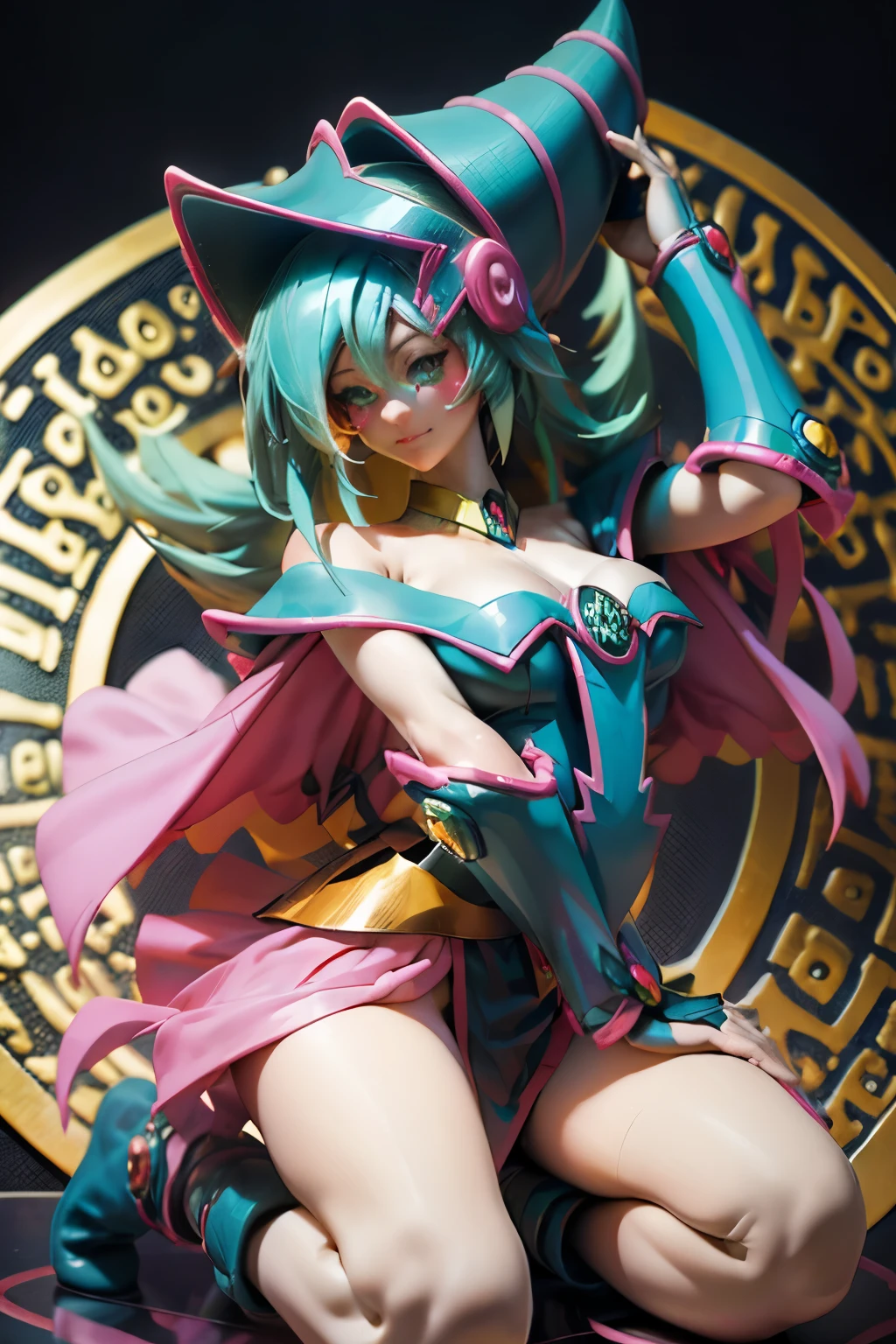 Hatsune Miku disfrazada de dark magician gils. Pose sensual y seductora. Fondo de magia