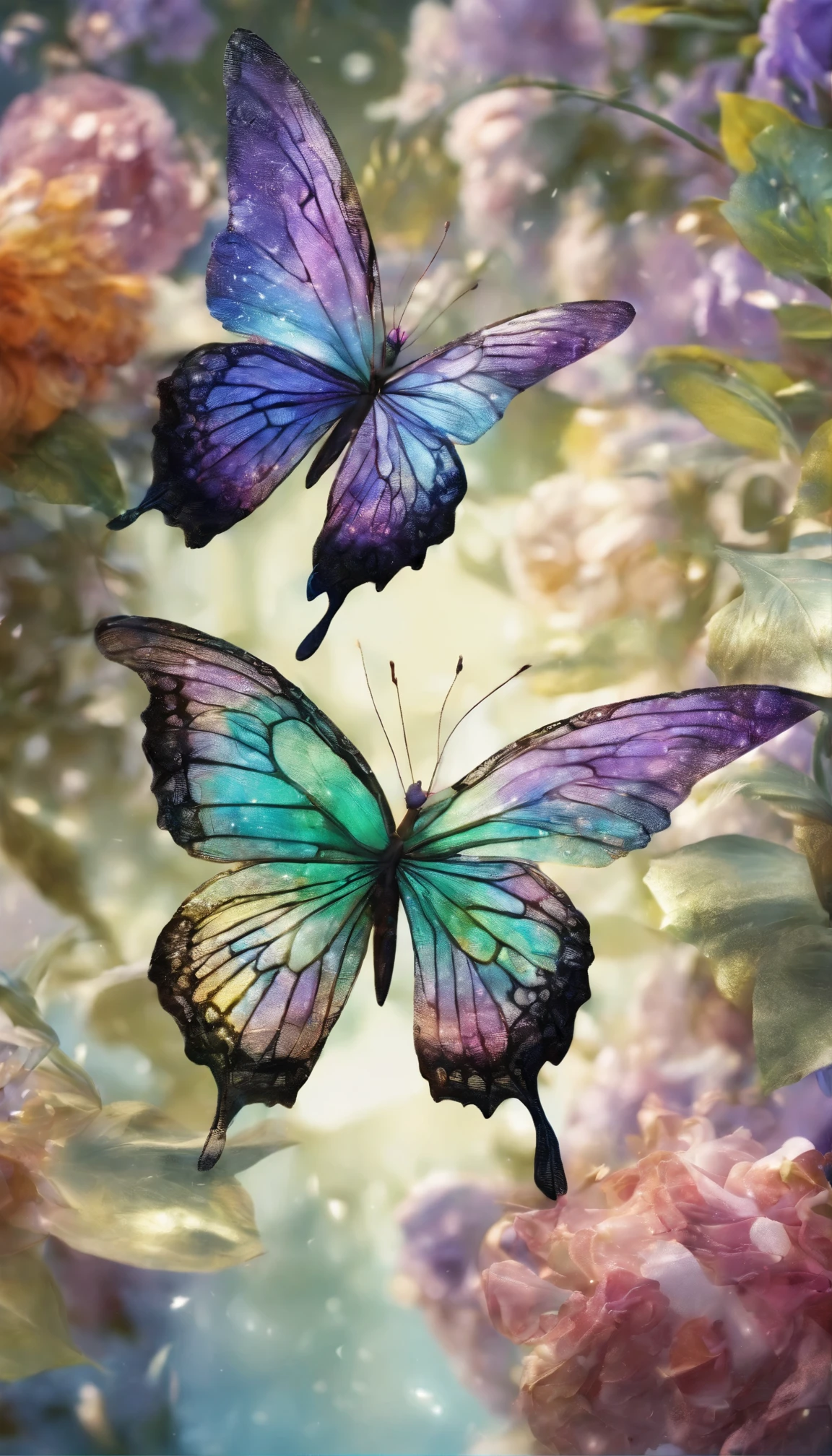 The background is greenblue,All expressed with jewels, the arrival of spring, various beautiful wisteria flowers,Swallowtail butterfly,
, angles looking up from below, various jewels falling from the sky, wonderful and beautiful superb view, slightly hazy, fantastic, high resolution, 8K, (best quality, highres, realistic:1.37), shiny metallic flowers, intricate and delicate petals, reflective surfaces, vibrant colors, intricate details, close-up view, surreal garden, surreal beauty, dreamy atmosphere, fine art, abstract botanicals, metallic sculpture, contrasting textures, ethereal glow