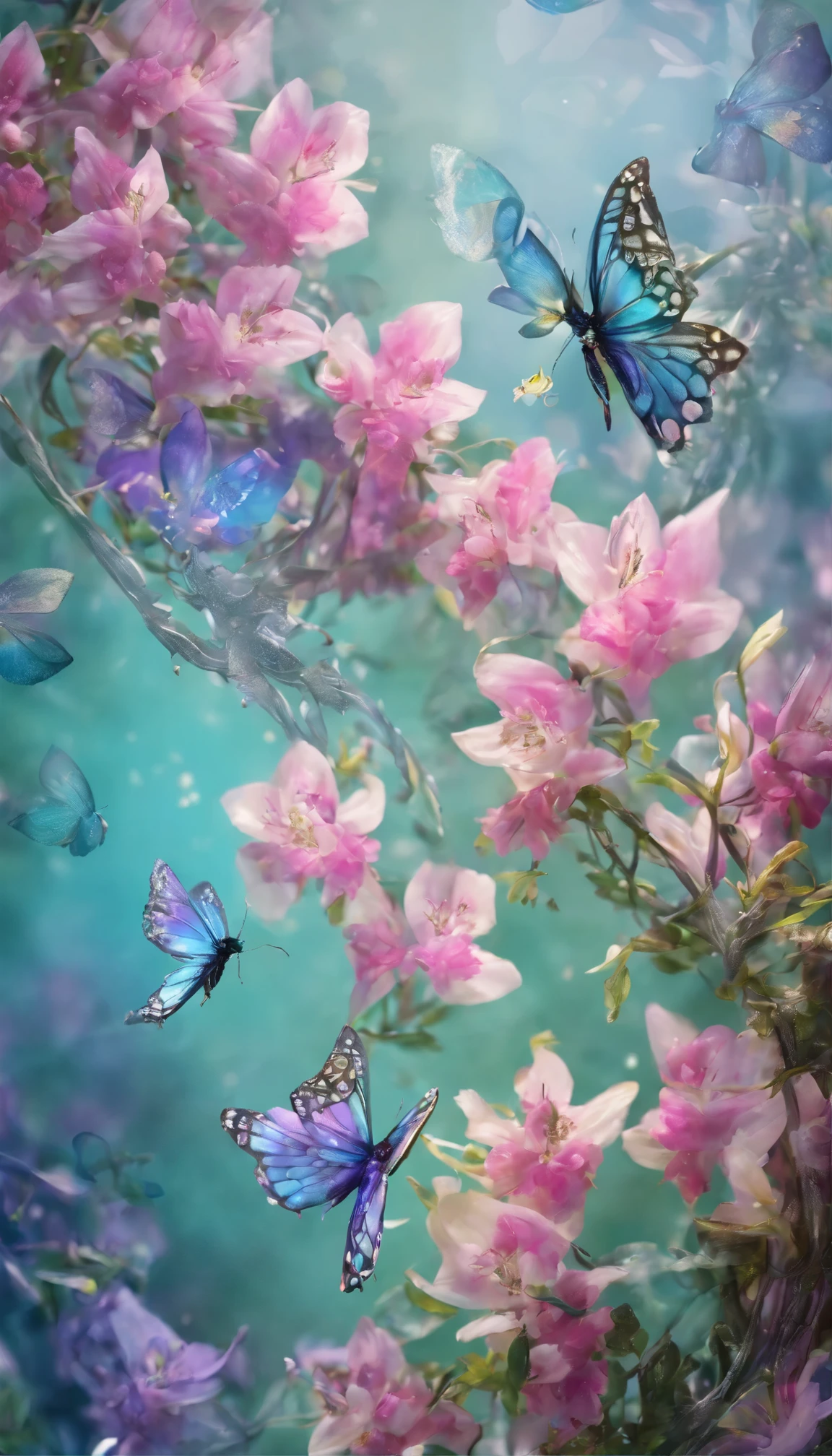 The background is greenblue,All expressed with jewels, the arrival of spring, various beautiful wisteria flowers,Swallowtail butterfly,
, angles looking up from below, various jewels falling from the sky, wonderful and beautiful superb view, slightly hazy, fantastic, high resolution, 8K, (best quality, highres, realistic:1.37), shiny metallic flowers, intricate and delicate petals, reflective surfaces, vibrant colors, intricate details, close-up view, surreal garden, surreal beauty, dreamy atmosphere, fine art, abstract botanicals, metallic sculpture, contrasting textures, ethereal glow