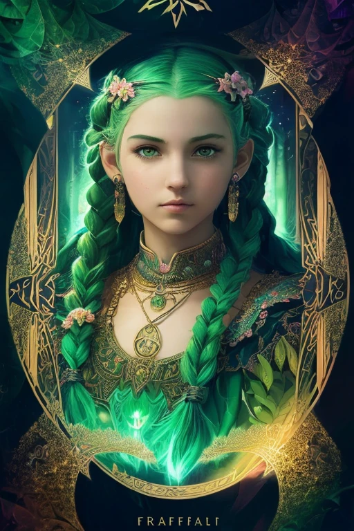 (masterpiece, top quality, best quality, official art, beautiful and aesthetic:1.2), (1girl:1.3), (fractal art:1.3), card, tarot, green hair, twin braids, hair flower, (good lighting:1.1), ((highres)), Tarot card style