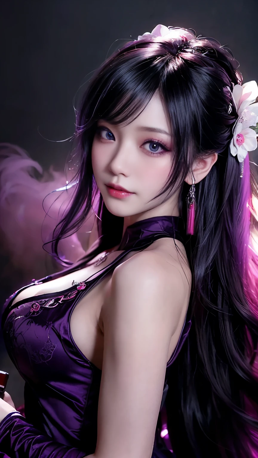 (Best image quality), (masterpiece), (Vibrant, Photo realistic, Realistic, dramatic, dark, Sharp focus, 8k), beautiful, Highly detailed face and skin texture, sexy wedding dress, Heavenly beauty, Mature Asian Woman,Long black hair, Compensate, Browsing Caution ,Close-up shot, ((Backlight)), Holding the Sword, Samurai Wedding、Noir painting of a beautiful young witch, Long purple hair, dark purple lips, evil, evil female, smile, Black Prom Dress, She is coming to you, close, Bright Blue Eyes, Surrounded by swirling pink smoke, Genuine, Attention to detail, highest quality