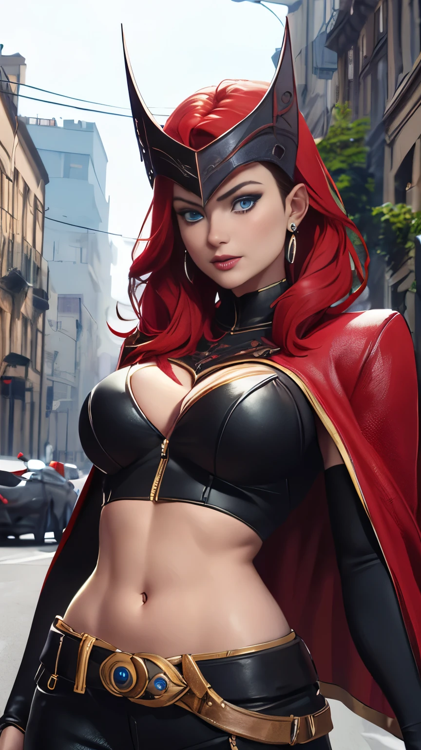 (Highly quality, masterpiece, detailed), Destroyed city detailed scenario, Destroyed city detailed background, 20 years old girl, solo, scarletWitch, blue eyes, red hair, Leather top, belt, jewelry, helmet, earrings, cape, evil smile, covered top, crop top, navel, perfect face, beautiful eyes, perfect eyes, looking at the viewer, Sexy pose