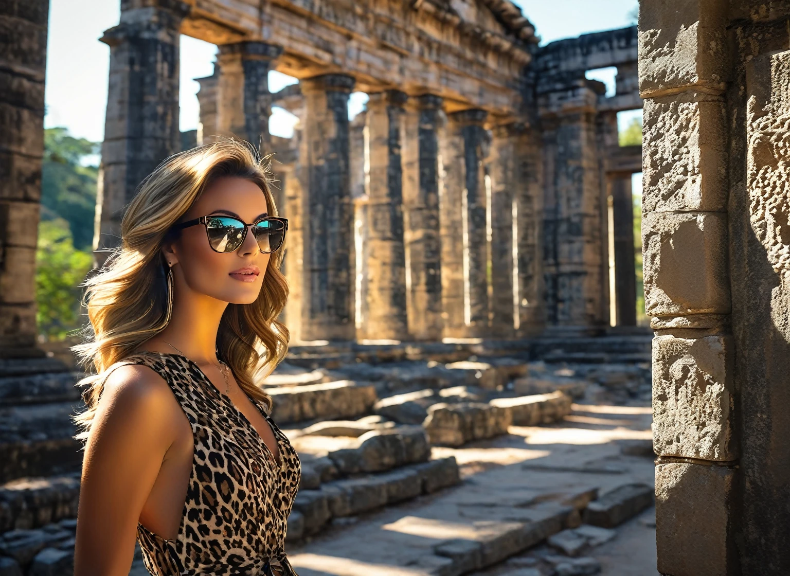 Beautiful woman, well postured, with an unparalleled beauty on her face, captivates and enchants anyone who looks at her; she wears rectangular prescription glasses with animal print details; your skin touched by sunlight makes the scene even more stunning.
In the background, the ruins of an ancient temple with many entrances almost falling down, the scene is bathed by a dense forest with branches in the construction; next to the main scene, a solitary tree helps to adorn the woman's beauty.
To capture this extraordinary scene, it would be necessary to use the best camera available, equipped with high-resolution lenses and the ability to capture light in adverse conditions. A high-end digital medium format camera is recommended, such as the Phase One XF IQ4 150MP, capable of capturing incredible detail and vibrant colors even in low-light conditions. To compose the image, it would be ideal to use a wide-angle lens to capture the entire length of the launch platform and the sea in the background. The aperture of the diaphragm must be adjusted to allow enough light in while maintaining depth of field to ensure that both the woman and the scene are in focus. Furthermore, the use of advanced post-processing techniques would be essential to enhance image details, adjust exposure, and balance colors to achieve maximum visual impact.