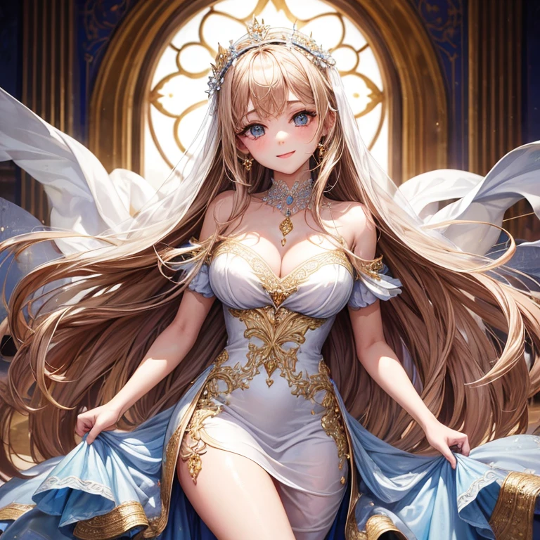 Jeune femme, vêtue d'une robe royal, un regard mignon et doux, and an angelic smile, a body of a goddess whose dress molds her forms, un visage parfait, et des yeux de couleur roges sang