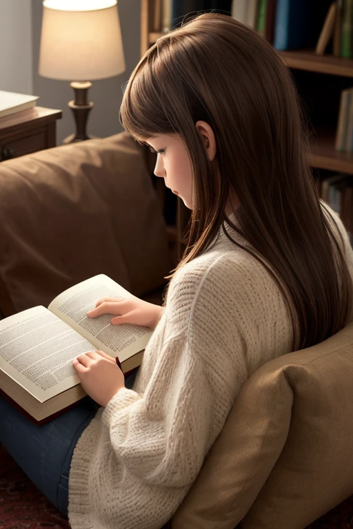 Create an image of a doll with long brown hair, that he is reading a book in a cozy place where only his back and hair can be seen