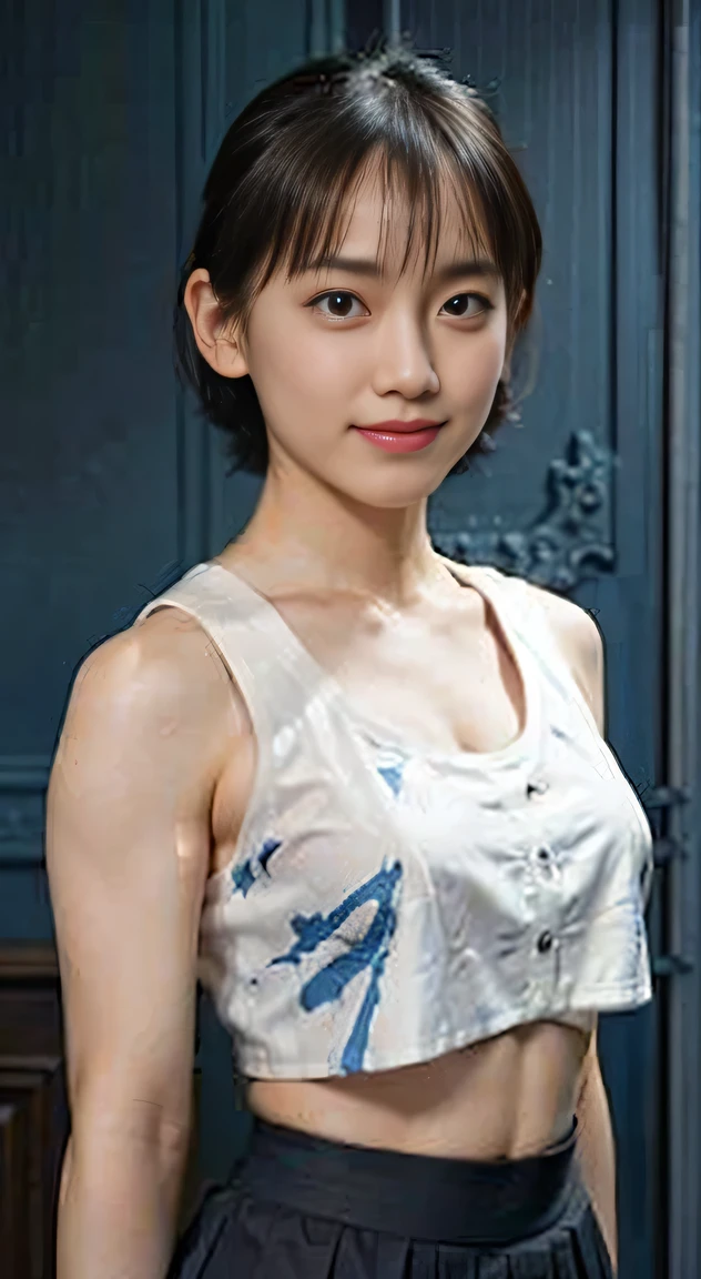 do not emphasize the top of bust, Turning your body towards the viewer, (20-year-old princess,is standing), (A hyper-realistic), (masutepiece), ((short-hair:1.46)), (Smooth black hair), (Breast:1.0), (kindly smile:0.9), (wearing white tanktop open shirt, crop top, dark blue skirt :1.46), cleavage, , bright noon , classroom, , Orange Lipstick, arms at sides,
