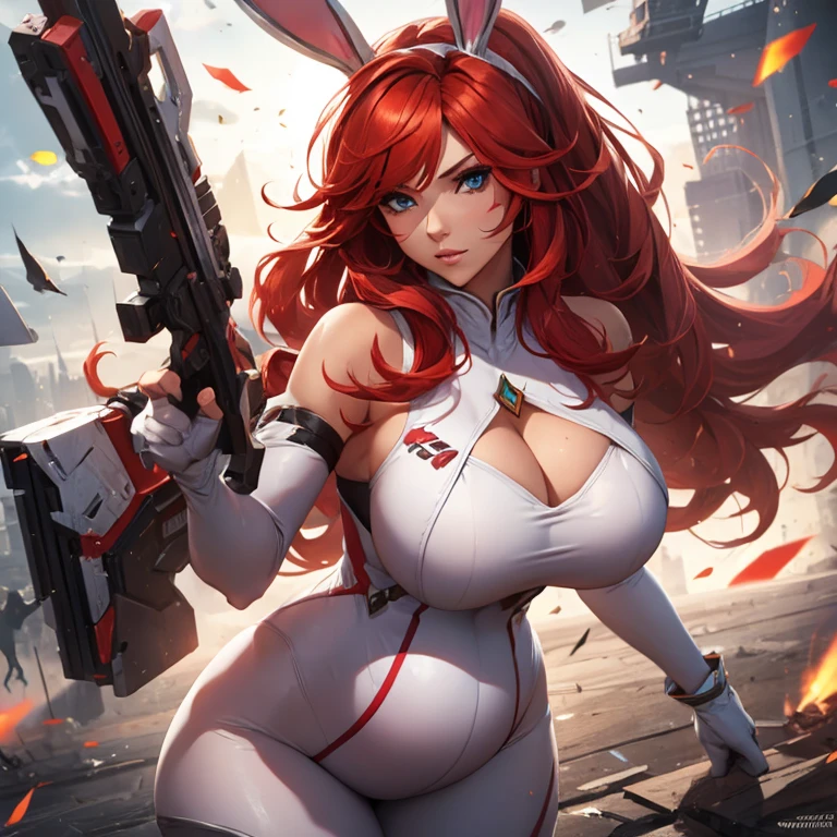 Sexy pregnant battle bunny miss Fortune, red hair, tight white combat suit, cleavage 