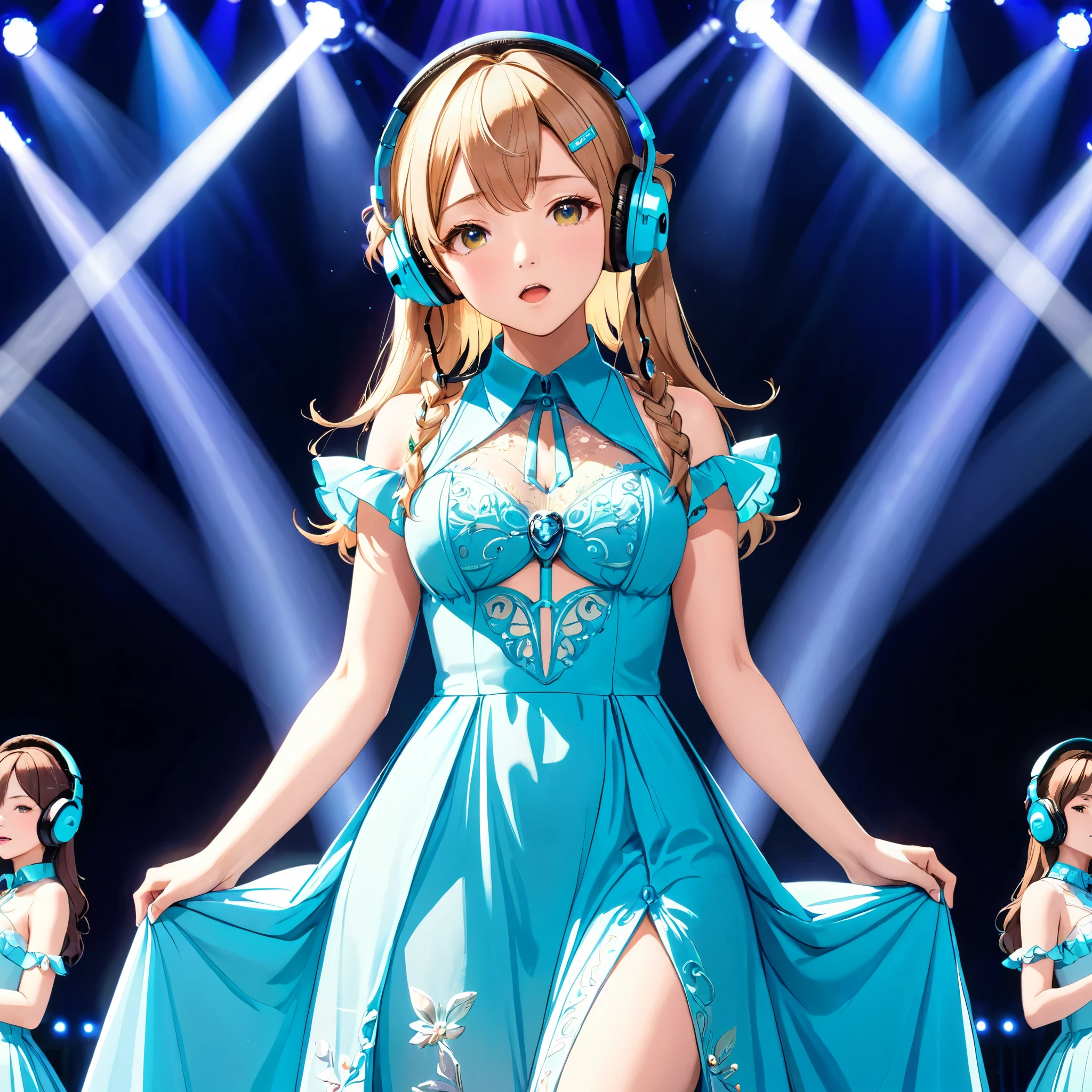 Idol singer,maxi dress,perfect anatomy,headset,innocent,intricate,stage,Brilliant lighting,masterpiece