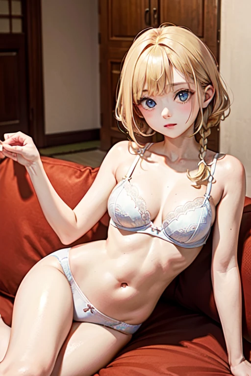 masterpiece, highest quality, High resolution, 、blue eyes、
blonde,  Braiding, White bra、White panties、Japanese-style room、futon、Lie