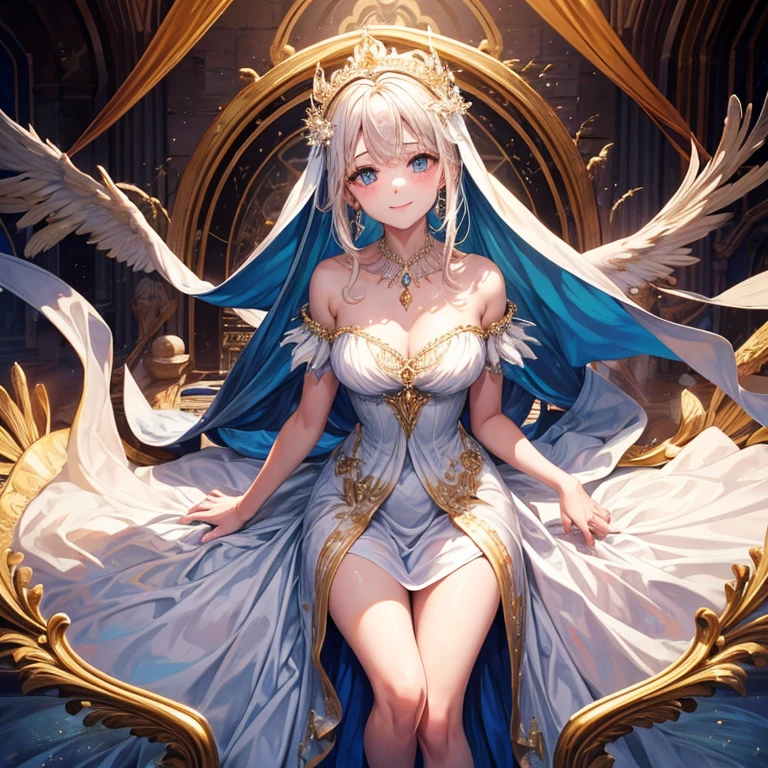 Jeune femme, vêtue d'une robe royal, un regard mignon et doux, and an angelic smile, a body of a goddess whose dress molds her forms, un visage parfait, et des yeux de couleur roges sang