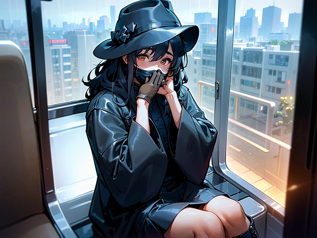 A yellowish tan-skinned Indonesian teenage girl with black curly hair and brown eyes sitting all alone on the far end of a city bus seat, next to the window as it visibly rains outside, setting a somber mood. The girl is wearing an all-black outfit consisting of a leather coat that's fully buttoned up, leather gloves, a skirt, fully opaque tights, ankle-high boots, a fedora, and a black face mask tightly sealed against her face, fully concealing her nose and mouth. She also has her chin resting on her hand close to the window and is noticeably depressed, while her other hand rests at her side. The atmosphere is very depressing.
